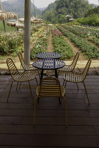 在花园附近的日间小酒吧的室外桌子和椅子，用于放松旅行季节假日农业旅游农业旅游概念