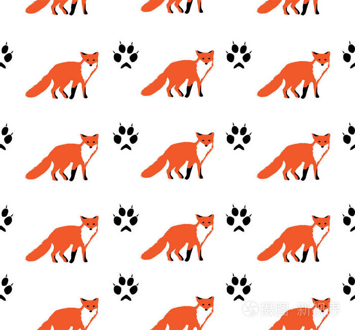 矢量插图狐狸无缝背景与脚印.