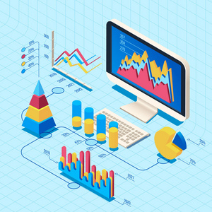 统计财务数据分析。市场定位概念, 网络业务计算机图3d 矢量插图