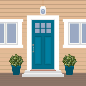 房子门前有门阶和垫阶窗灯花建筑入口立面外入口设计插图矢量平面风格