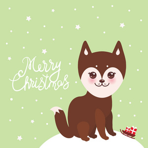 s card design funny brown husky dog, Kawaii face with large eyes