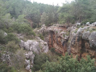 森林低山丘陵岩石和石头的自然景观。