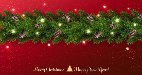 金色圣诞快乐的文字在红色背景与花环的圣诞树树枝星星。 圣诞节和新年卡。 矢量插图
