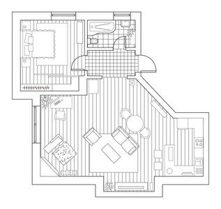 建筑计划与家具在顶部看法。着色书