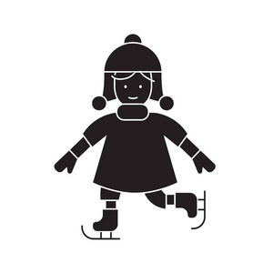 女孩滑冰黑色向量概念图标。女孩滑冰的平例证, 标志
