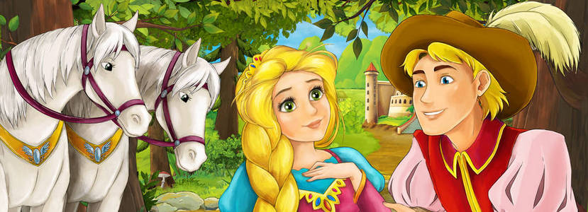 卡通场景美丽的婚礼配对王子和公主在森林附近的马和城堡，背景插图为儿童。