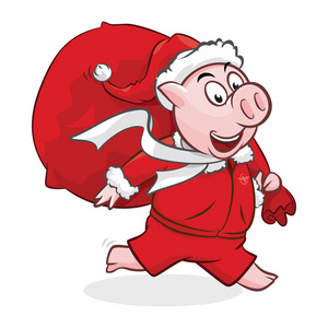 可爱的小猪在圣诞老人帽子与大礼品袋