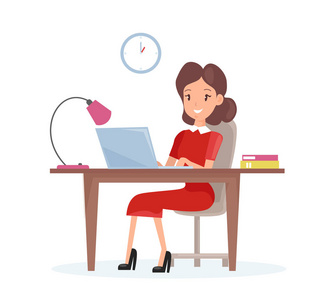 商业妇女的向量例证概念。快乐的女人正在卡通平的风格在桌子上的笔记本电脑上工作