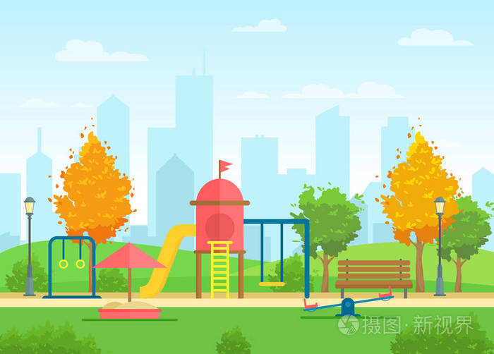 公共城市公园的向量例证与操场为孩子和都市风景在背景在平的动画片