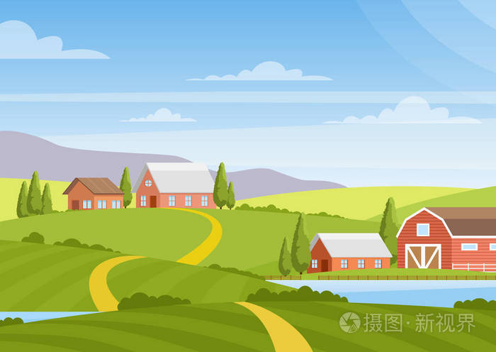 美丽的乡村风景的向量例证与领域黎明绿色的小山农场房子树明亮的颜色