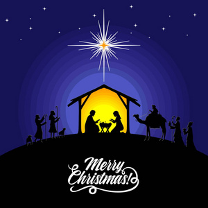 圣经插图。 圣诞故事。 玛丽和约瑟夫带着婴儿耶稣。 伯利恒市附近的耶稣诞生场景。 牧羊人和智者来敬拜基督。