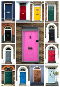 英国伦敦古老的彩色木门拼贴画