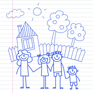 愉快的家庭与小孩和房子孩子画向量例证蓝色墨水笔图片在记事本, 笔记本纸