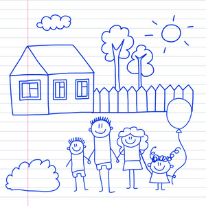 愉快的家庭与小孩和房子孩子画向量例证蓝色墨水笔图片在记事本, 笔记本纸
