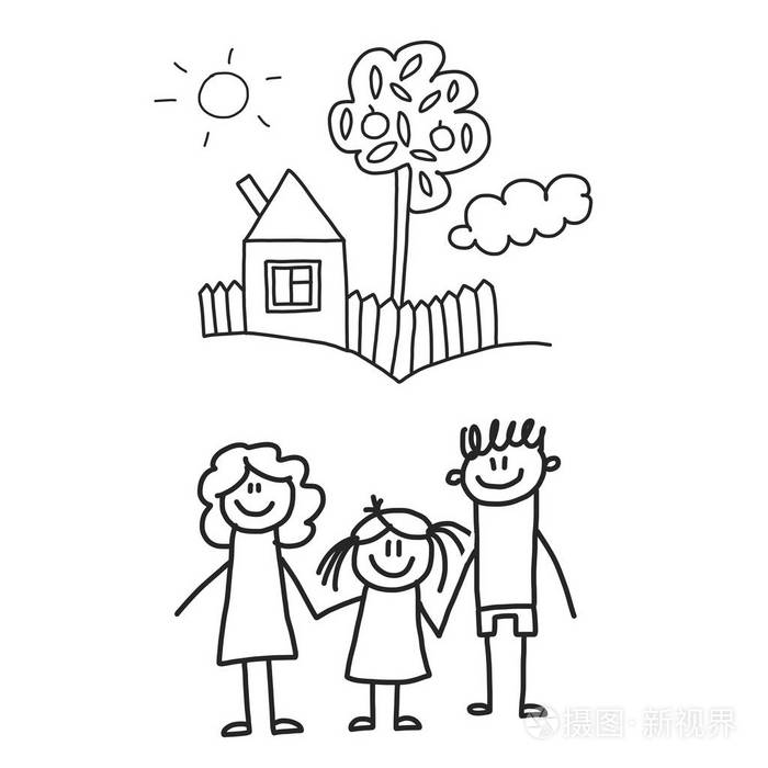 有孩子的幸福家庭.孩子画样式向量例证.母亲 父亲 姐妹 兄弟