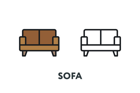皮革棕色沙发床。 室内家具概念。 最小颜色平线轮廓笔画图标。