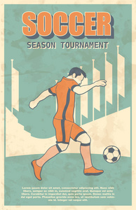 足球运动员射击球。复古海报, 矢量插图
