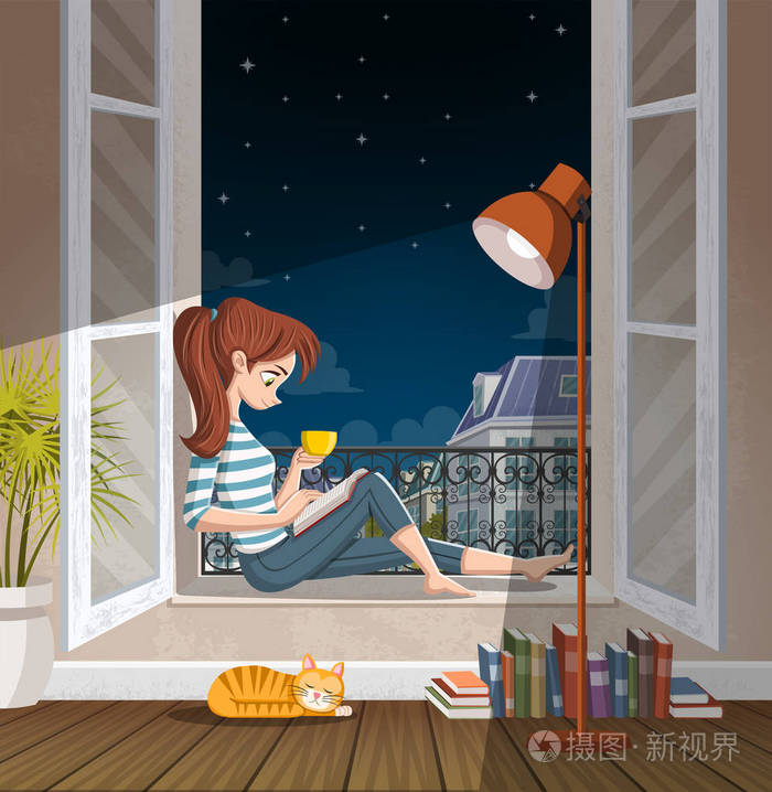 年轻的女人晚上在窗户里看书. 在城里喝茶和读书.