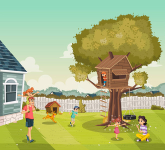卡通家族在郊区附近一栋五颜六色的房子的后院。 后院的树屋。