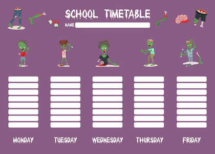 学生或学生的模板学校时间表, 每周有几天, 笔记有免费空间。插图包括万圣节每周模板人僵尸青少年身体部分