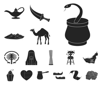 国家阿拉伯联合酋长国的黑色图标集合中的设计。旅游与吸引力矢量符号股票网站插图