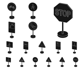 不同类型的路标集的黑色图标设计。警告和禁止标志矢量符号股票网站插图