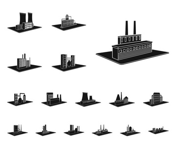 工厂和工厂的黑色图标集设计。生产和企业向量等距符号库存 web 插图