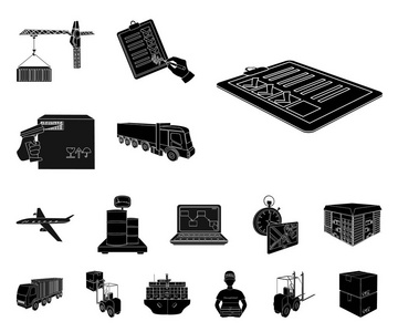 物流和交付黑色图标集合中的设计。运输和设备等距矢量符号库存 web 插图