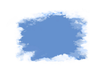 白色蓬松的云围绕着一个开口，它揭示了晴朗的蓝天，在那里可以放置图形元素或文本。 这是一个例子。