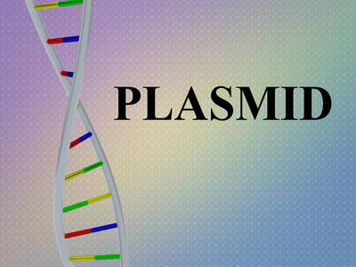 彩色图案上分离的DNA双螺旋质粒脚本的三维插图。