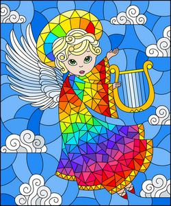 彩色玻璃图案的插图，卡通彩虹天使在多云的天空中竖琴