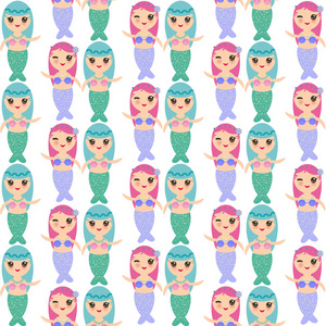 无缝图案卡瓦伊人鱼与蓝色和粉红色的头发可爱的卡瓦伊女孩在白色背景。 矢量插图