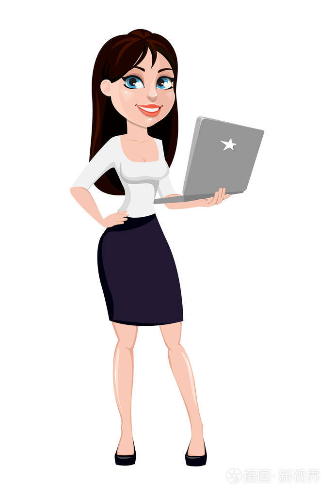 商务女性,棕色头发概念卡通人物在办公室风格的衣服.