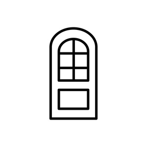  white illustration of closed glass arch door. Vector line icon.