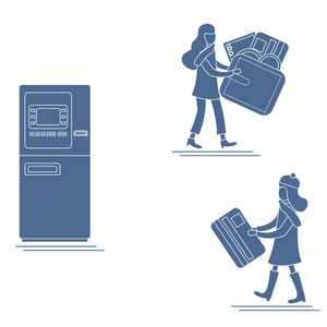 矢量插图与两个女孩使用ATM服务。 银行卡钱包硬币。 个人财务管理。 横幅海报或打印的设计。
