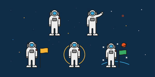 宇航员宇航员宇航员角色姿势。 月球上的人的概念。 太空旅行。 最小颜色平线轮廓笔画图标。