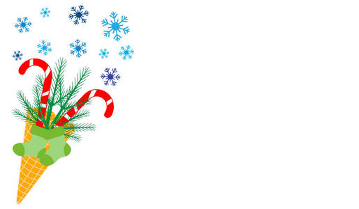 矢量插图与冰淇淋锥，糖果棒，雪花，圣诞树的枝条，圣诞袜。设计用于派对卡横幅海报或打印。