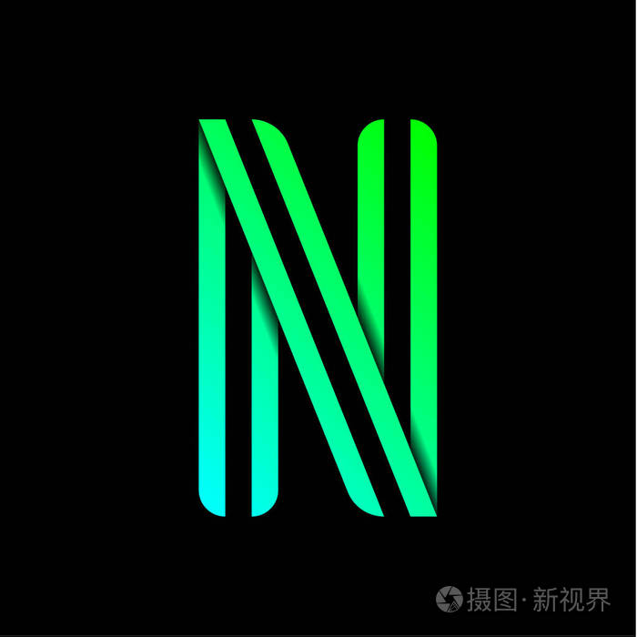 新字体折叠在两个纸带上 黑色背景上的时髦字母绿色矢量字母n.