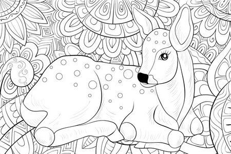 一只可爱的小鹿，带有装饰形象，供放松。成人用的着色书页。六种艺术风格的插图。海报设计。
