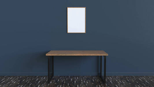 空白白色垂直海报挂在桌子上的墙上。 图片或照片模型在内部。 三维渲染图