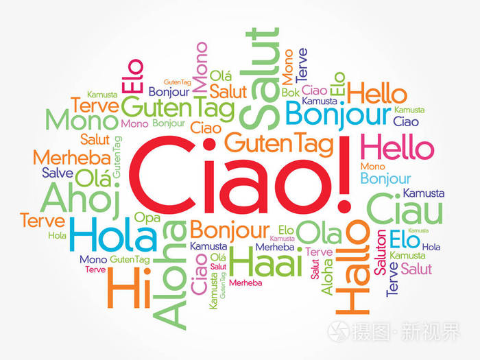 ciao(你好,意大利语:问候)世界不同语言的词云,背景概念