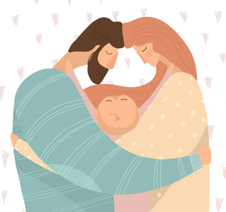 快乐的年轻父母拥抱他们的孩子的矢量插图