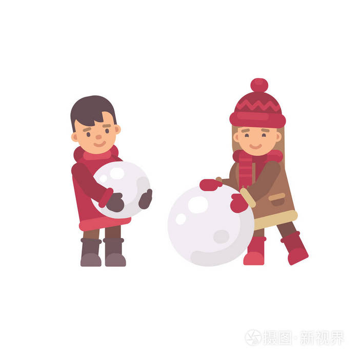 两个孩子堆雪人. 圣诞平面插图