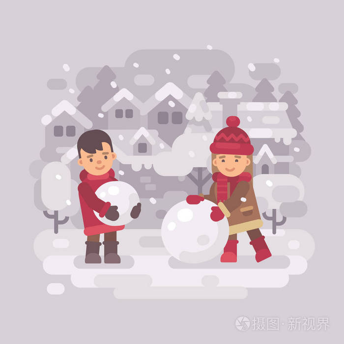 两个小孩在冬天的村庄堆雪人