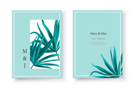 婚礼热带邀请卡保存日期设计与绿色风扇棕榈叶。 时尚风格的植物优雅装饰花卉矢量插图模板