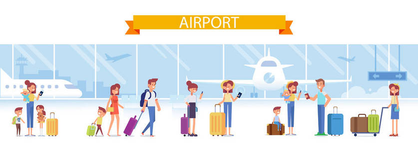 卡通人物带着行李在机场等待航班。平面矢量图。