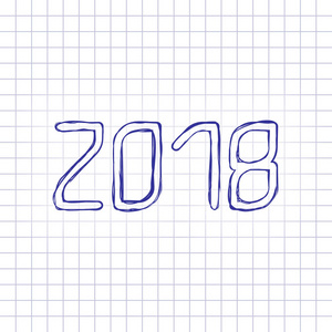 2018年数字图标。 新年快乐。 手绘纸上的图片。 蓝色墨水轮廓素描风格。 格子背景上的涂鸦