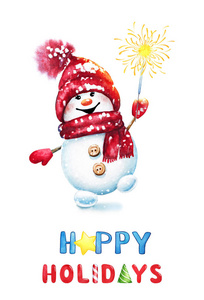水彩插图一个可爱的快乐雪人在帽子和围巾与孟加拉灯火花隔离在白色背景。 适用于新年圣诞节和其他寒假设计。