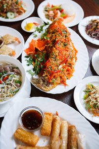  seafood.Big Asian restaurant dinner in macro.Shrimp roll,eel sa