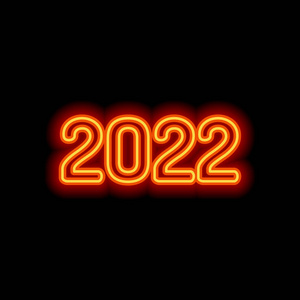 2022年数字图标。 新年快乐。 黑色背景上的橙色霓虹灯风格。 灯图标